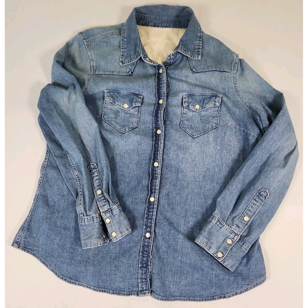 Gap Denim Womens XL Blue Snap Pearl Front Western Shirt Long Sleeves 100% Cotton